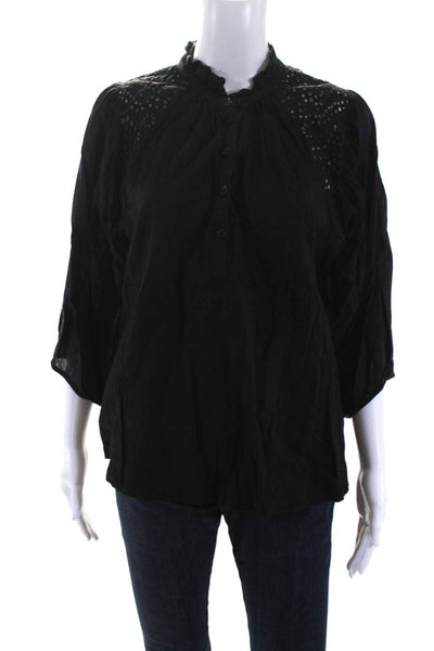 A Piece Apart Women's Embroidered Half Sleeve Button Front Top Black Size 6