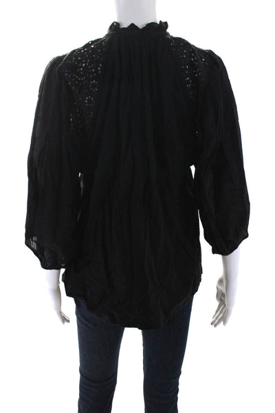 A Piece Apart Women's Embroidered Half Sleeve Button Front Top Black Size 6