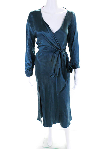 Michelle Mason Women's Satin V-Neck Long Sleeve Slit Midi Dress Blue Size 0