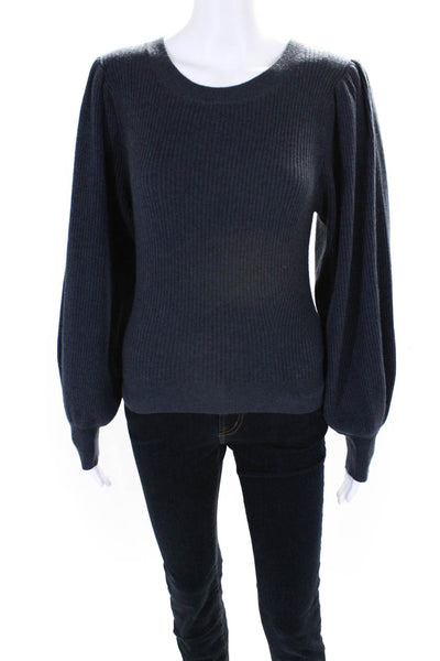 The Westside Womens Wool Ribbed Knit Puff Sleeve Sweater Navy Top Blue Size S