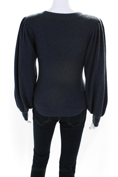 The Westside Womens Wool Ribbed Knit Puff Sleeve Sweater Navy Top Blue Size S