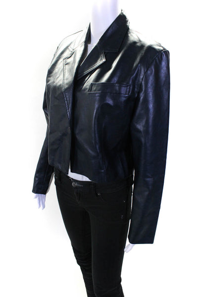 Zara Womens Cropped Faux Leather Snap Blazer Jacket Navy Blue Size Medium