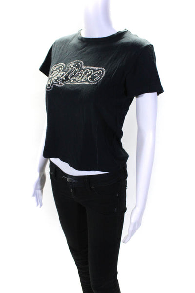 Redone Womens Graphic Logo Star Studded Short Sleeve Tee Shirt Black Size XS