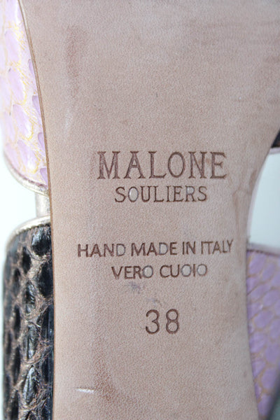 Malone Souliers Womens Metallic Snakeskin Stiletto Mules Sandals Pink Black 38 8