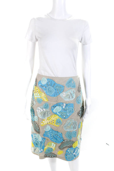 Lafayette 148 New York Womens Back Zip Floral Beaded Linen Skirt Beige Blue 14