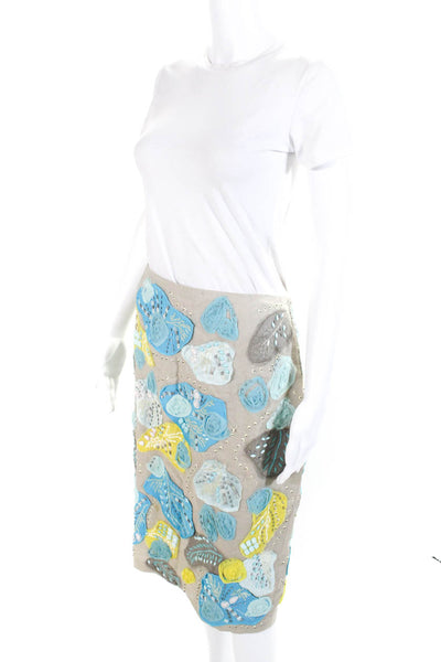 Lafayette 148 New York Womens Back Zip Floral Beaded Linen Skirt Beige Blue 14