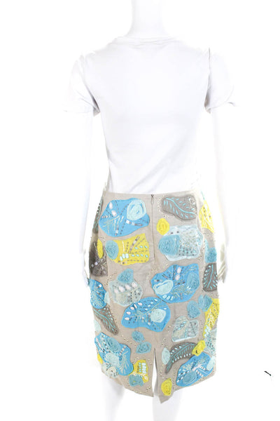 Lafayette 148 New York Womens Back Zip Floral Beaded Linen Skirt Beige Blue 14