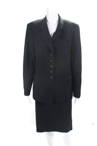 Escada Womens Five Button Notched Lapel Pinstriped Skirt Suit Navy Blue IT 44 46