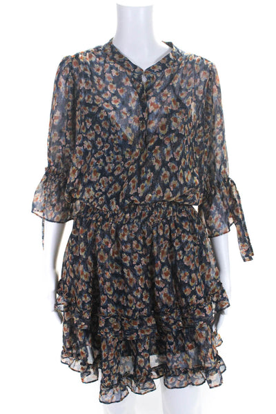 Lovestitch Womens Blue Printed V-Neck Long Sleeve Fit & Flare Dress Size M