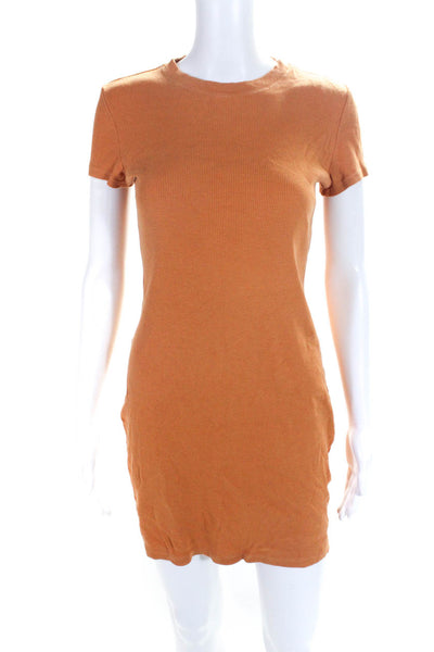 Theory Womens Orange Ribbed Knit Crew Neck Short Sleeve Shirt Dress Size S