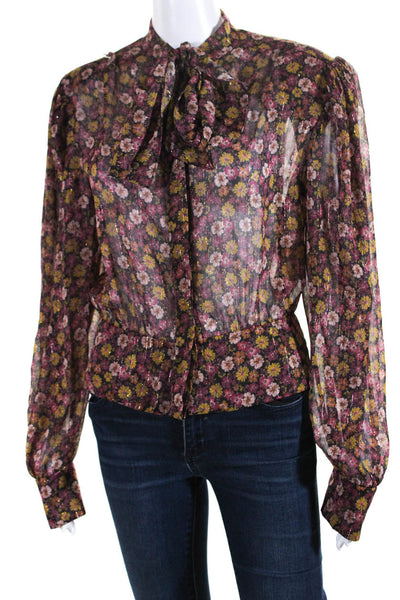 Ronny Kobo Womens Floral Print Tied Covered Placket Buttoned Blouse Pink Size S