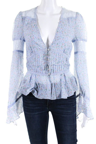 Divine Heritage Womens Floral Print Button Flare Long Sleeve Blouse Blue Size S