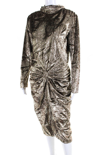 Ronny Kobo Womens Back Zipped Metallic Stripe Ruche Turtleneck Gown Gold Size S