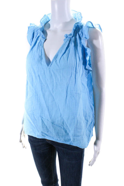 Xirena Womens Cotton Woven Flutter Sleeve V-Neck Blouse Top Blue Size M