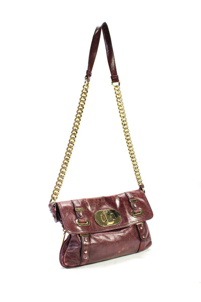 Badgley Mischka Womens Leather Gold Tone Zipper Trim Flap Shoulder Handbag Purpl