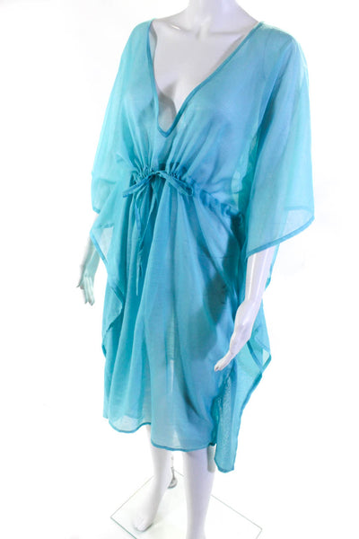 Echo Womens Sheer V-Neck Drawstring Waist Swim Cover Up Dress Blue Size OS