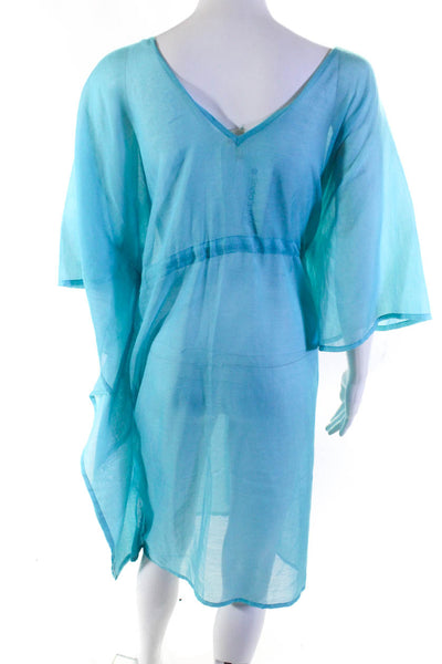 Echo Womens Sheer V-Neck Drawstring Waist Swim Cover Up Dress Blue Size OS