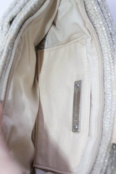 Banana Republic Womens Metallic Linen Beaded Silver Clutch With Strap Handbag