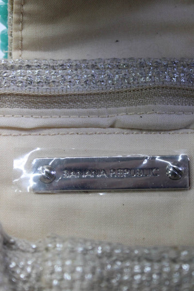 Banana Republic Womens Metallic Linen Beaded Silver Clutch With Strap Handbag
