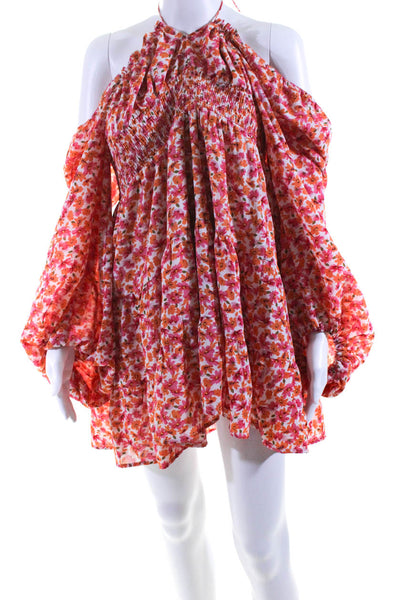 Pretty Polly Womens Floral Print High Waist A Line Dress Orange Pink Size Medium