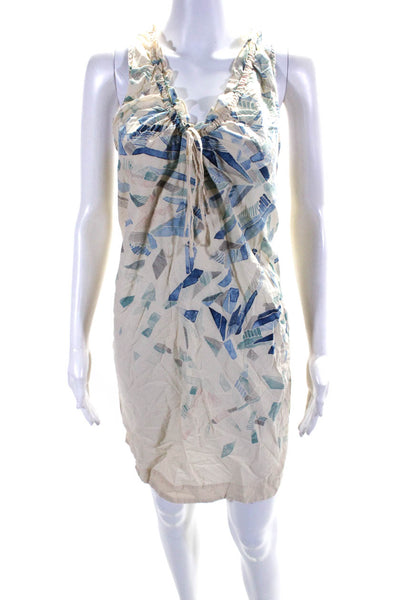 Lilka Anthropologie Womens Watercolor Print V Neck Shift Dress Ivory Blue Medium