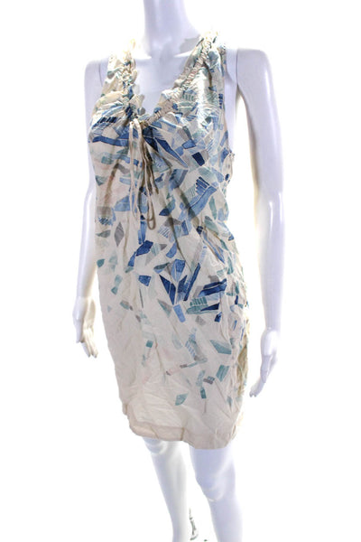 Lilka Anthropologie Womens Watercolor Print V Neck Shift Dress Ivory Blue Medium