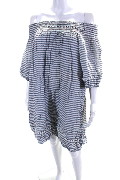 Apiece Apart Womens Off Shoulder Striped Woven Shift Dress Navy White Size 8