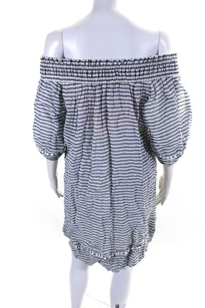 Apiece Apart Womens Off Shoulder Striped Woven Shift Dress Navy White Size 8