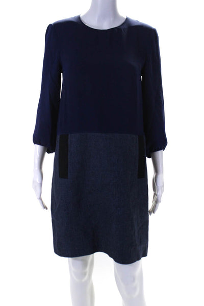 Longchamp Womens Patchwork Long Sleeve Zipped Midi Darted Dress Blue Size M