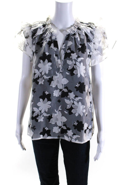 Current Air Womens Floral Print Short Sleeves Blouse Gray Black Size Medium
