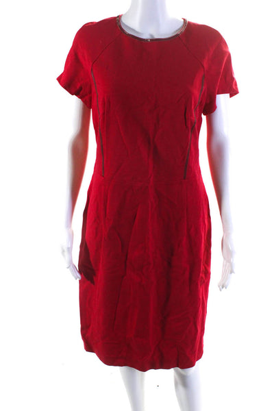 Lafayette 148 New York Womens Faux Leather Trim Ponte Sheath Dress Red Size 8