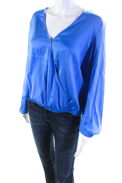 Theory Womens Long Sleeve Surplice Satin Top Blouse Blue Silk Size Large