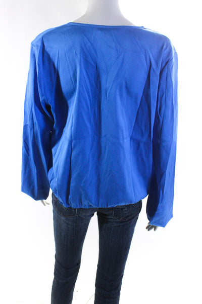 Theory Womens Long Sleeve Surplice Satin Top Blouse Blue Silk Size Large
