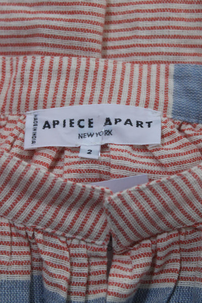 Apiece Apart Womens 3/4 Sleeve Woven Stripe Y Neck Top Blouse Orange Size 2
