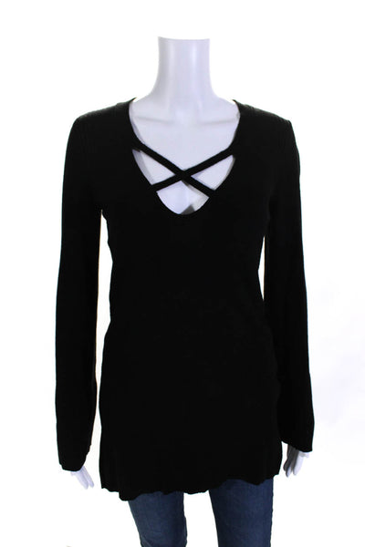 Free People Womens Side Slit Crossed Cut-Out Long Sleeve Top Black Size S
