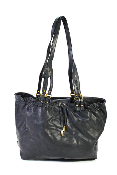 DKNY Womena Leather Snapped Buttoned Studded Buckled Strap Tote Handbag Navy