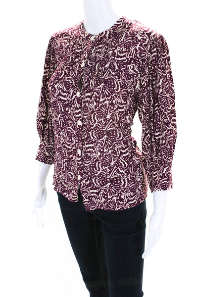 Ba&Sh Women's Abstract Print 3/4 Sleeve Button Up Top Purple White Size XS