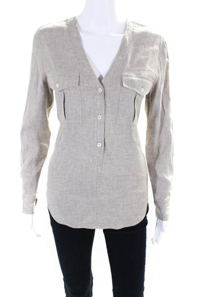 Theory Women's Trisalta Linen Button Down Shirt Beige Size P