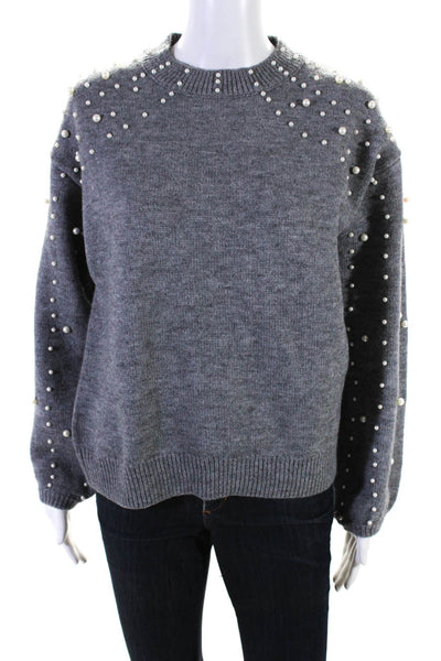 Vici Womens Pullover Crew Neck Faux Pearl Sweater Gray Size Small