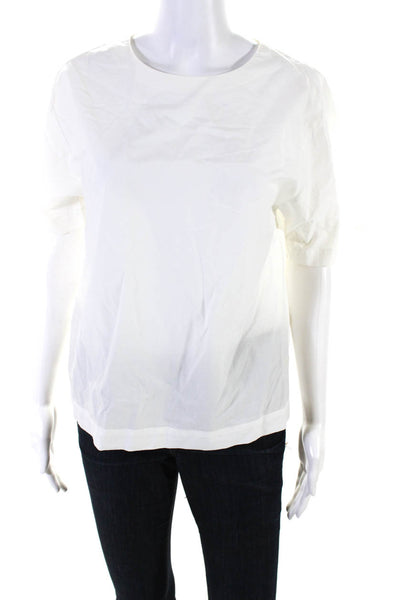 Pomandere Womens Cotton Round Neck Short Sleeve Zip Up Blouse Top White Size 40