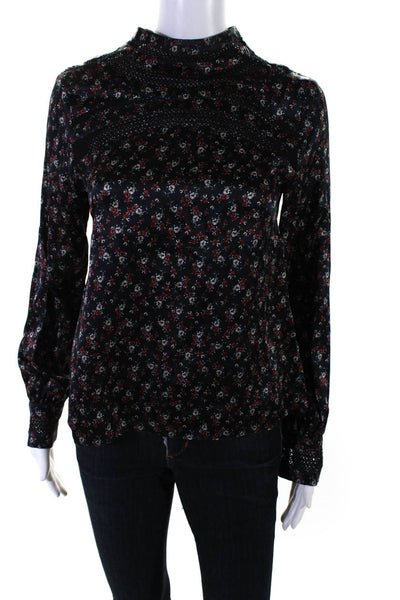 Intermix WOmens Silk Floral Print High Neck Long Sleeve Blouse Top Black Size 0