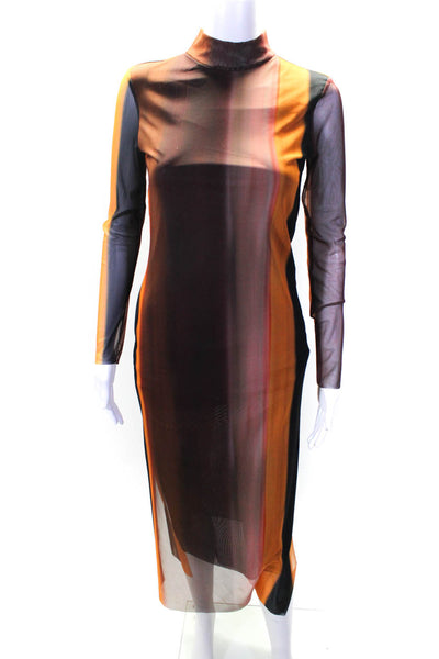Zara Womens Striped Textured Mock Neck Long Sleeve Maxi Dress Brown Size S