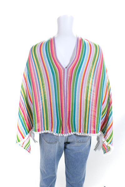 Sara Campbell Womens Multicolor Striped Open Back Fringe Poncho Top Size OS