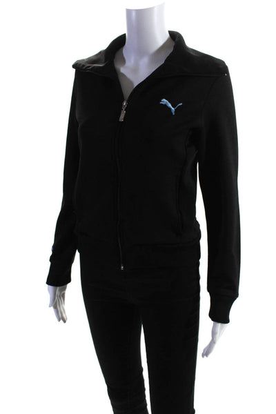 Puma Womens Front Zip Ribbed Mock Neck Logo Knit Jacket Black Size Small