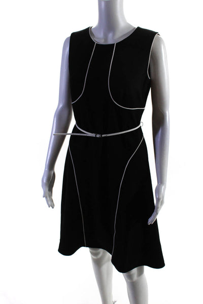 Calvin Klein Womens Back Zip Sleeveless Belted Flare Dress Black White Size 4