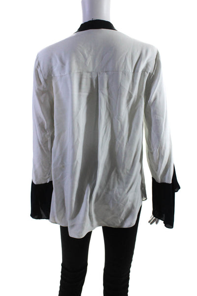 Elie Tahari Womens Silk Long Sleeves Blouse White Navy Blue Size Medium