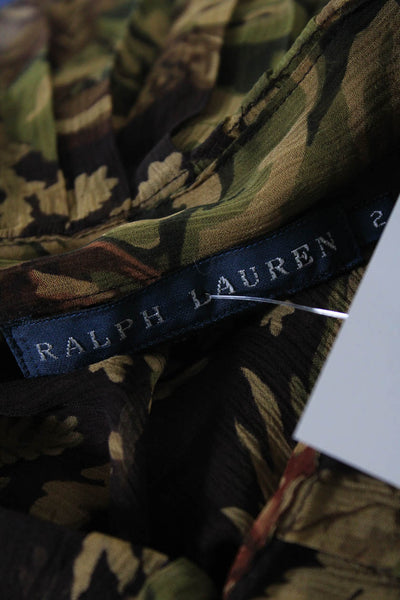 Ralph Lauren Blue Label Womens Ruffle 3/4 Sleeve Top Blouse Brown Green Size 2