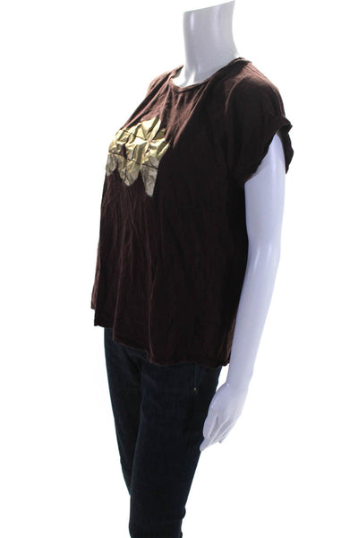 Soeur Womens Cotton Linen Blend Printed Short Sleeve Crewneck Tee Purple Size 40