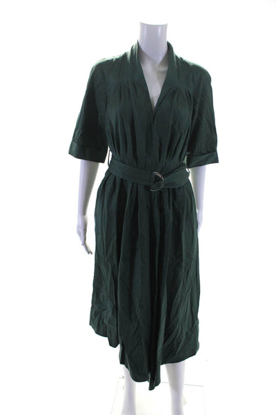 Adam Lippes Women's Pleated A Line Short Sleeve Belted Midi Dress Green Size 8