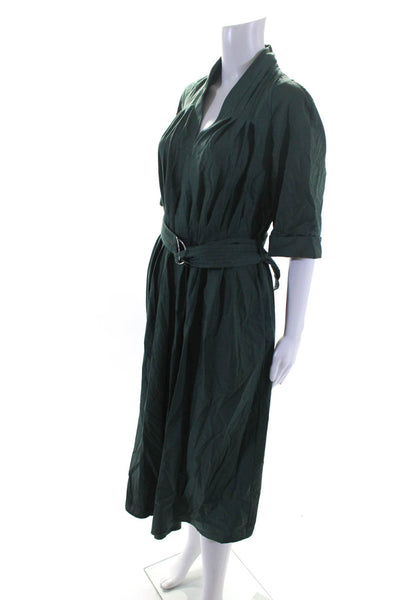 Adam Lippes Women's Pleated A Line Short Sleeve Belted Midi Dress Green Size 8